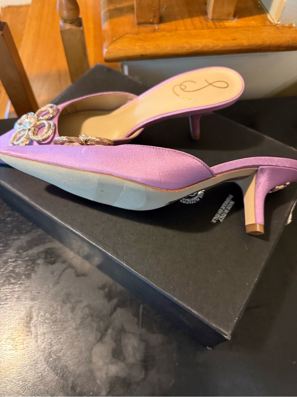 Sam Edelman Lavender Satin Kitten Heel Mules with Crystal Bow